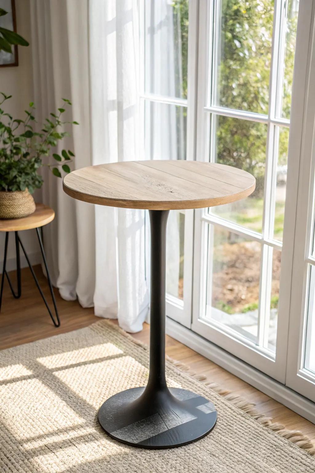 A mini bistro table by the window makes the coziest sunroom breakfast spot—without taking space.