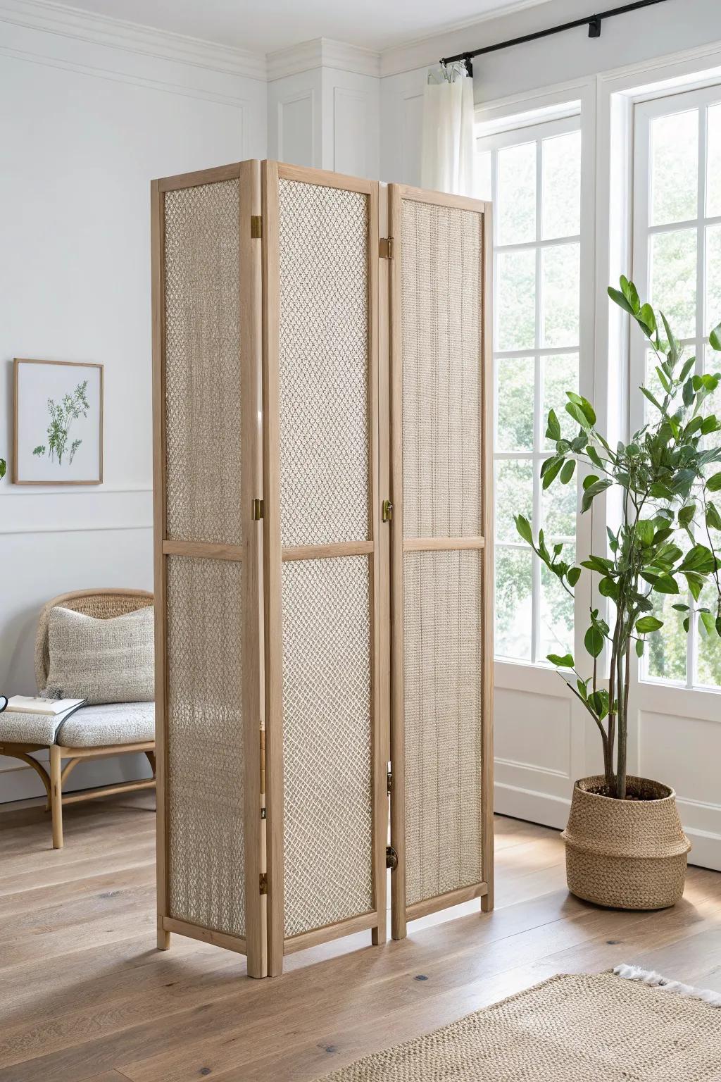 Foldable rattan screen for instant zones—adds privacy, hides clutter, and looks beautifully airy.