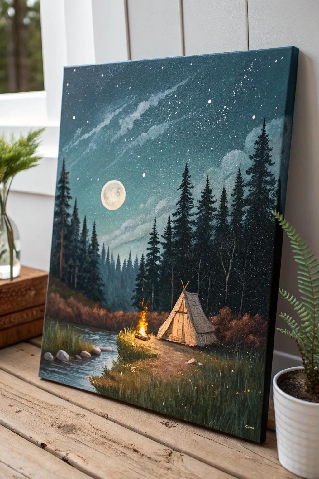 Find tranquility under a moonlit sky with this enchanting campsite painting—perfect for cozy nights indoors.