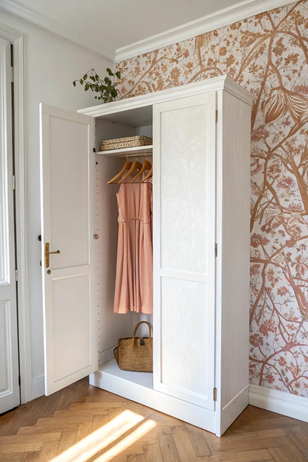 Peel-and-stick wallpaper turns a plain closet into a chic little hidden dressing-room moment.