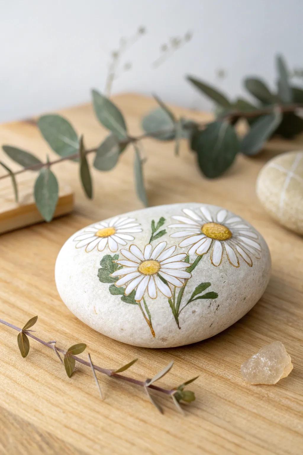 Bring nature's charm indoors with these beautifully painted daisy pebbles.