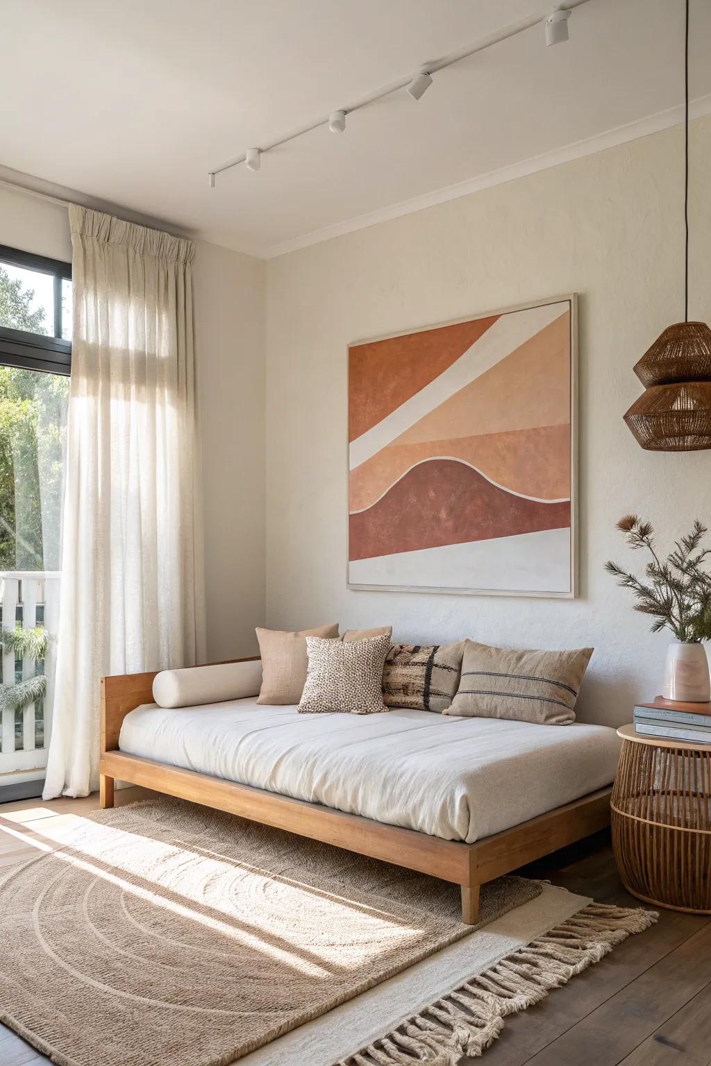 Make a small living room feel taller—pair a low daybed with one oversized piece of art.