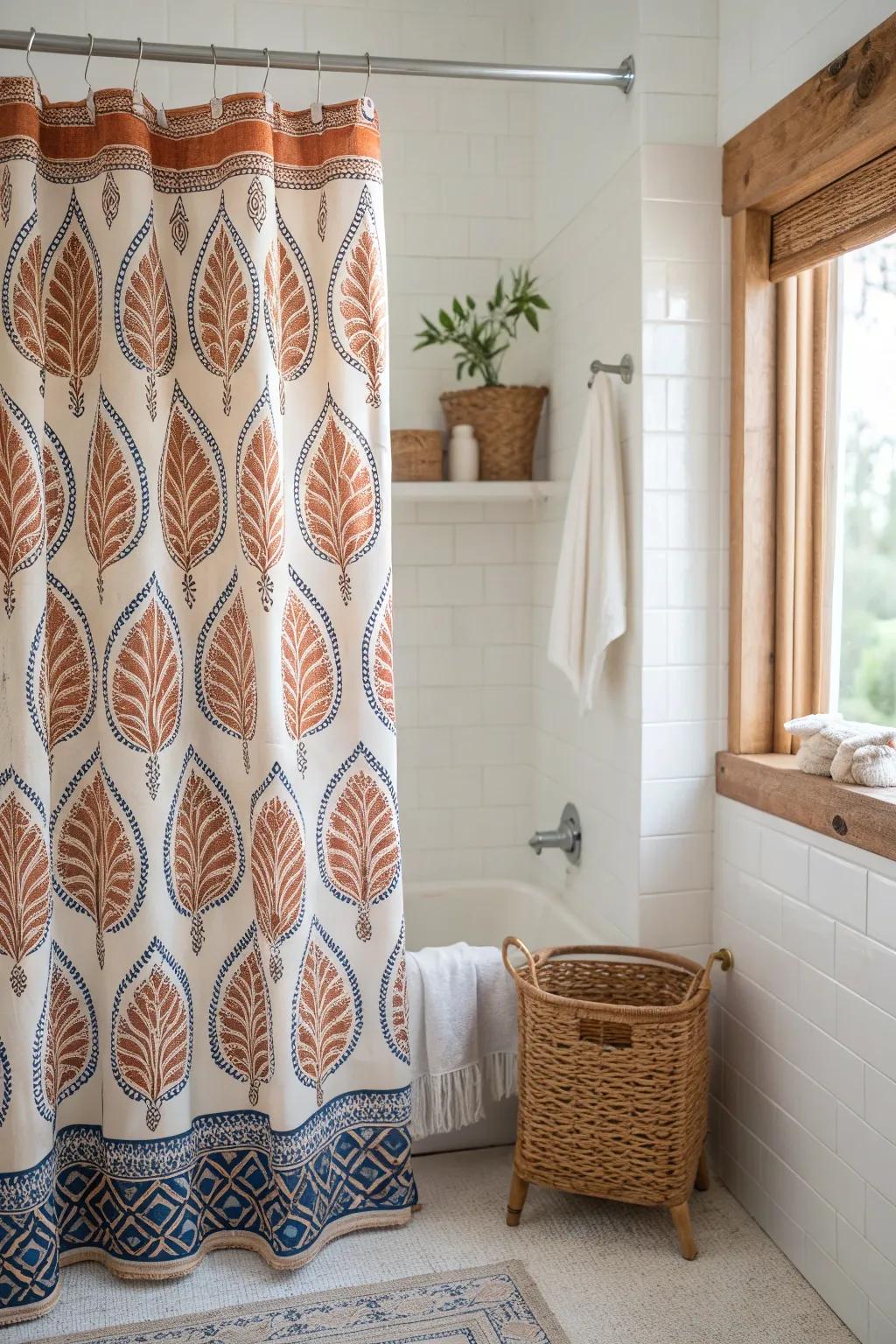 Make a tiny bathroom feel curated—let a bold patterned shower curtain steal the spotlight.