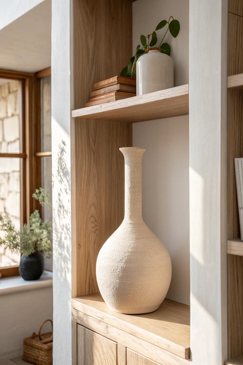 One sculptural piece + generous negative space makes built-ins feel bigger and lighter.