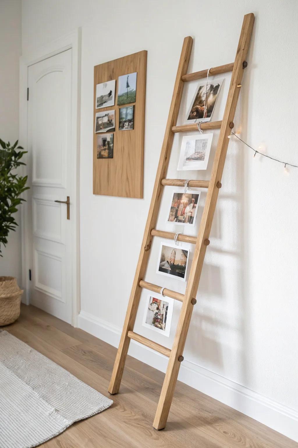 Swap family photos anytime—this airy ladder gallery adds warmth without extra nail holes.