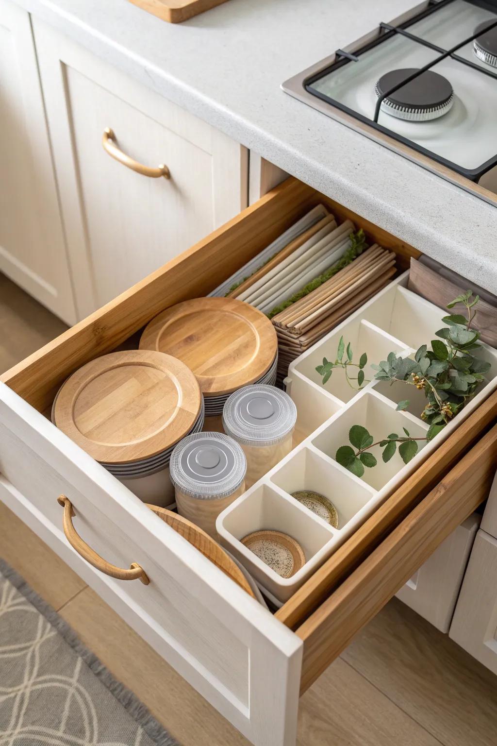 Two-bin drawer hack: stack containers in one, file lids in the other—no more lid chaos.