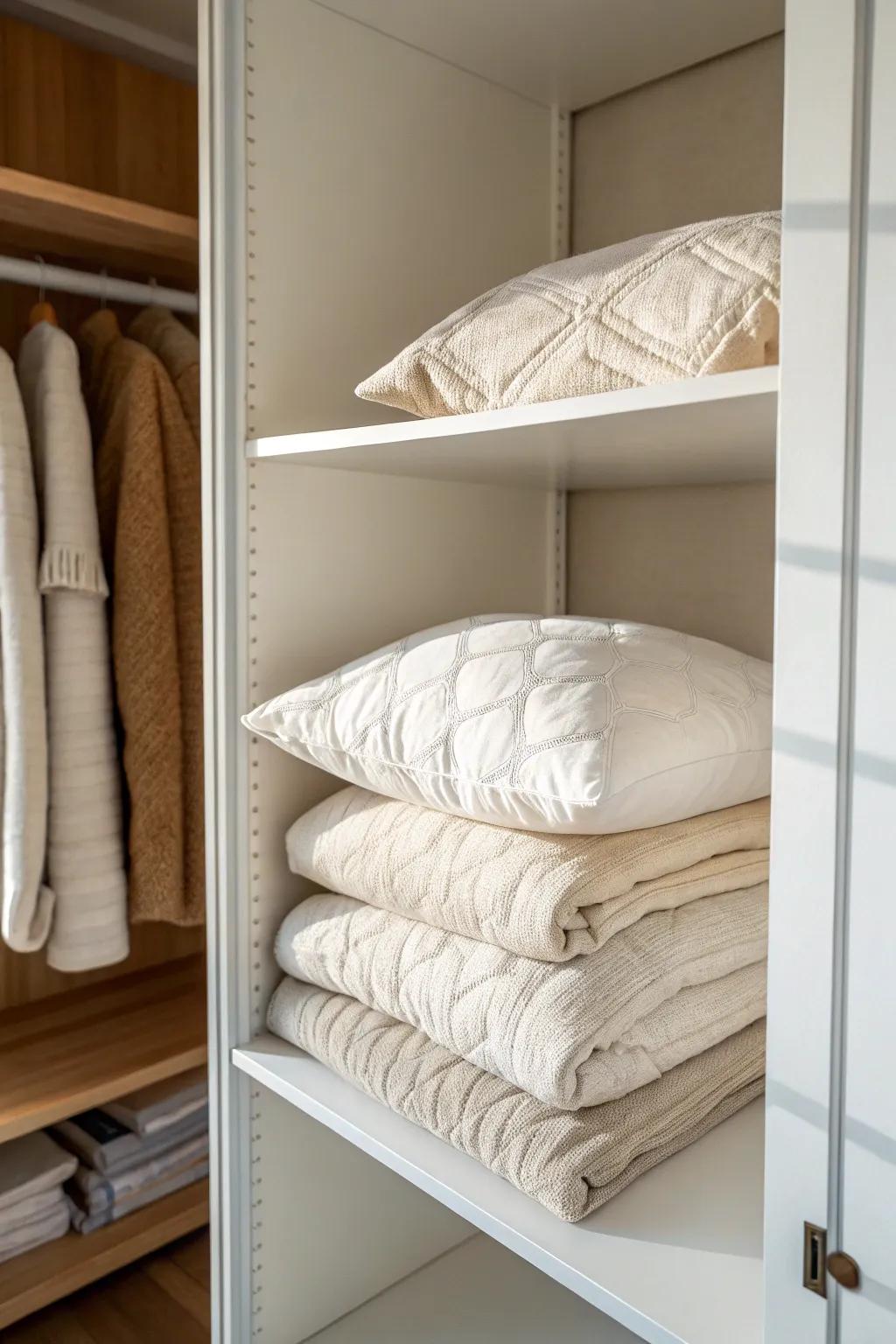 Raise one shelf to give quilts and pillows breathing room—no more cramming or snags.