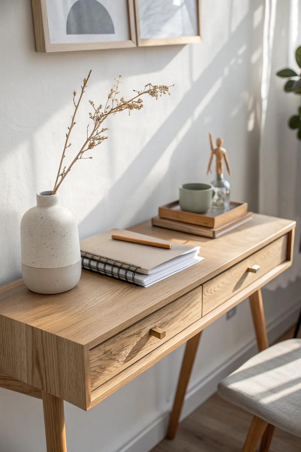 A floating oak shelf keeps beauty + work essentials up high—small desk, calm surface.