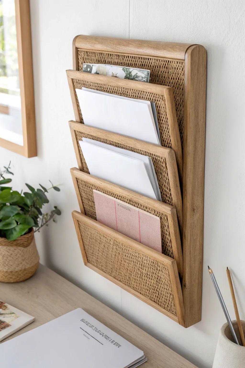 Hang a wall file sorter to tame papers and keep your small desk calm, cozy, and clutter-free.