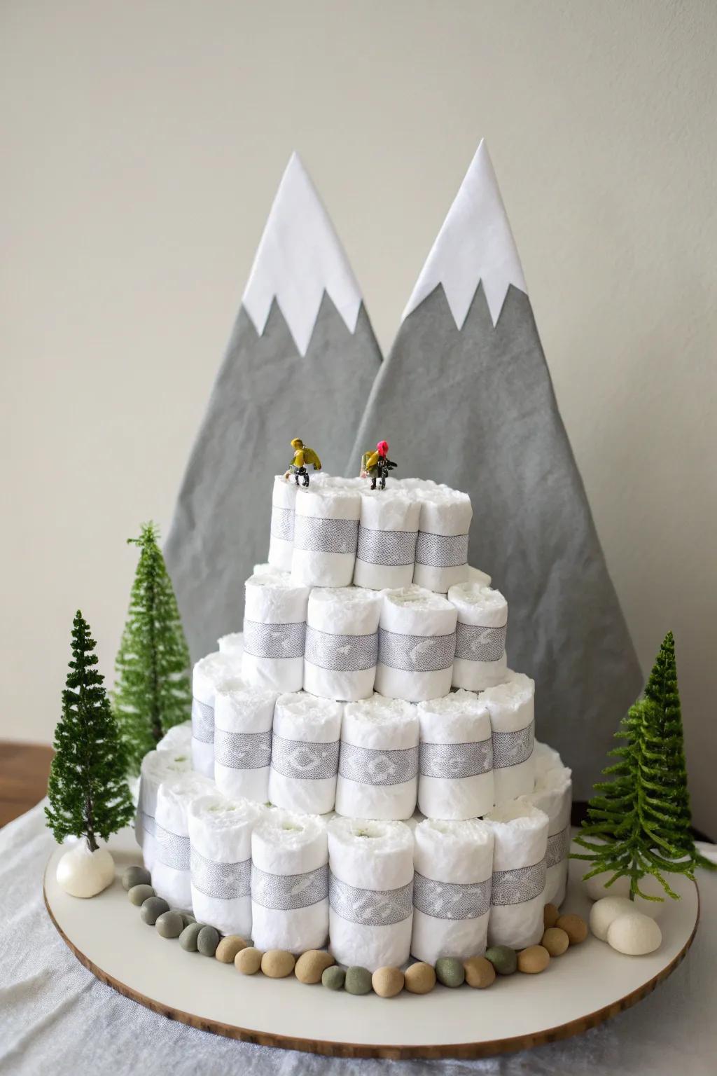 Embark on a twin adventure with this charming mountain-inspired diaper cake!