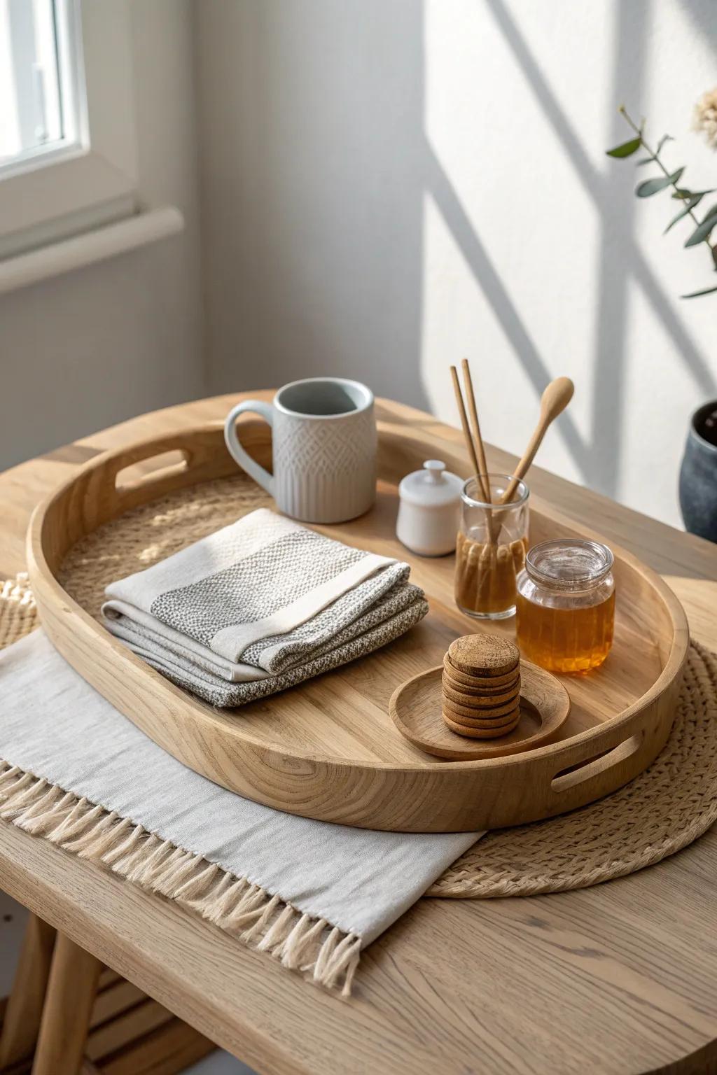 A mini breakfast station tray keeps mornings tidy—only the essentials, beautifully contained.
