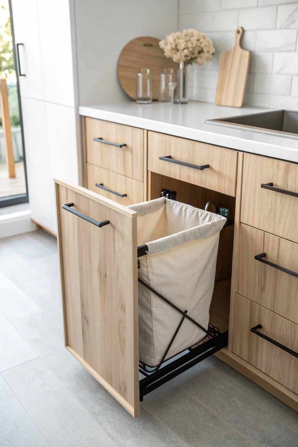 A pull-out cabinet hamper keeps dirty laundry out of sight—and your closet looking custom.