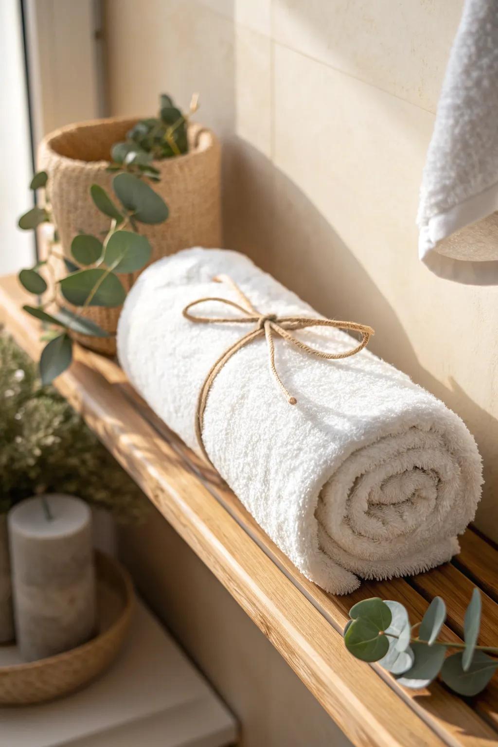 Hotel-style rolled towel on a narrow shelf—instant spa vibe, budget-friendly and tidy.