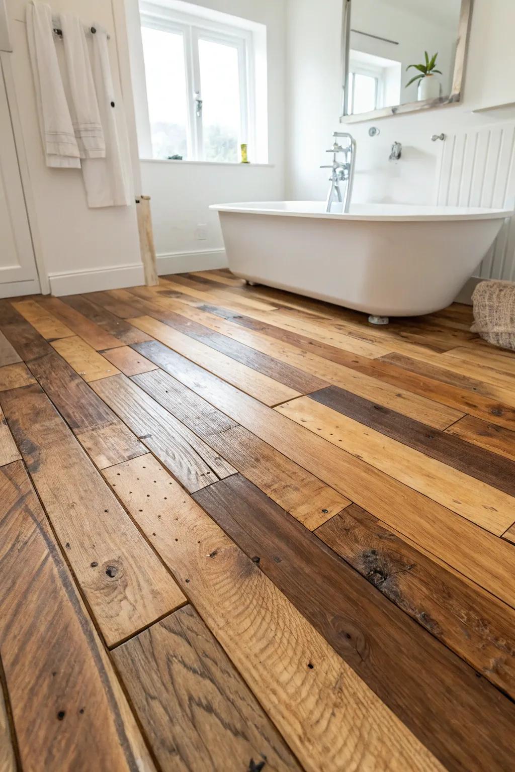 Transform your bathroom with the timeless charm of reclaimed wood flooring, where history meets modern elegance.