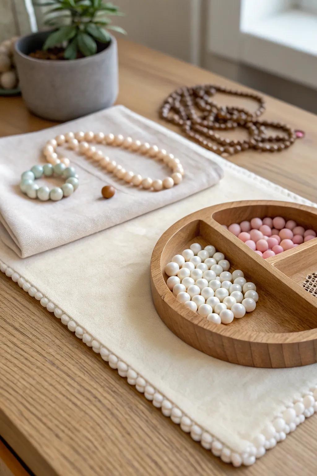A bead mat with a built-in parking tray keeps mid-project beads safe from sleeve swipes.