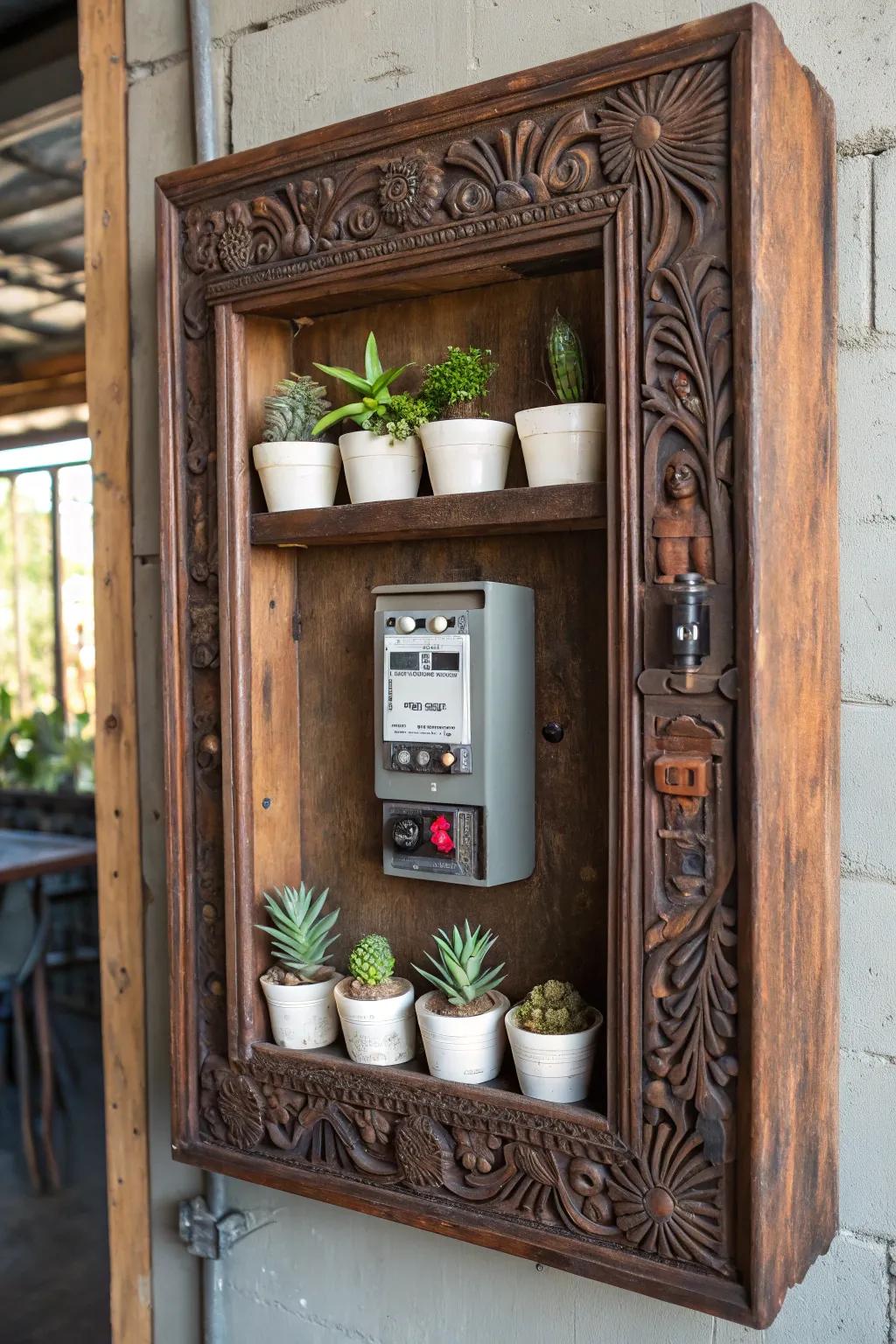 Transform your breaker box into a functional masterpiece with this stylish wooden frame, perfect for showcasing your favorite small plants and trinkets!