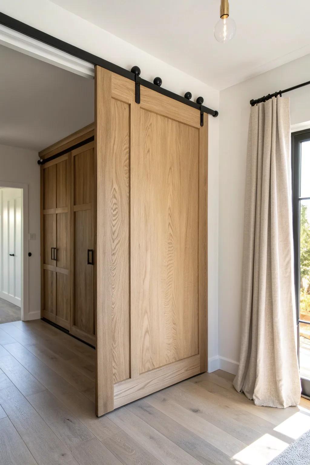 Space-saving sliding closet door on a sleek surface track—minimal, warm, and practical.