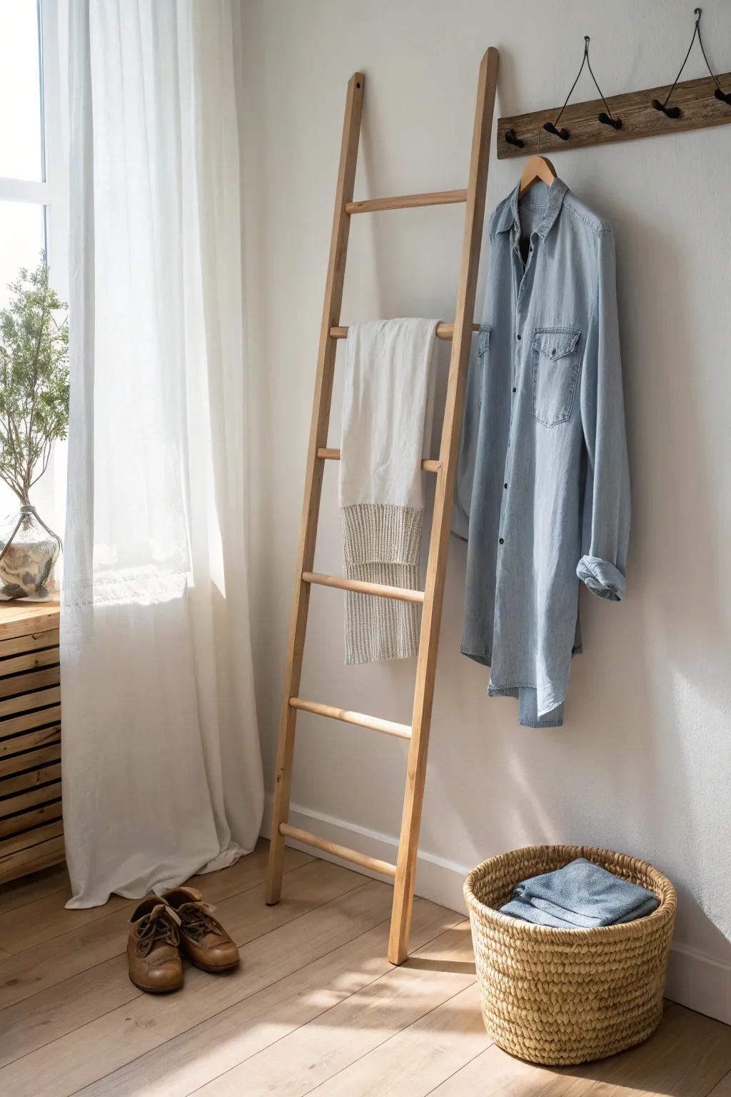 A simple leaning ladder rack that keeps “not-dirty-yet” outfits off the chair—beautifully.