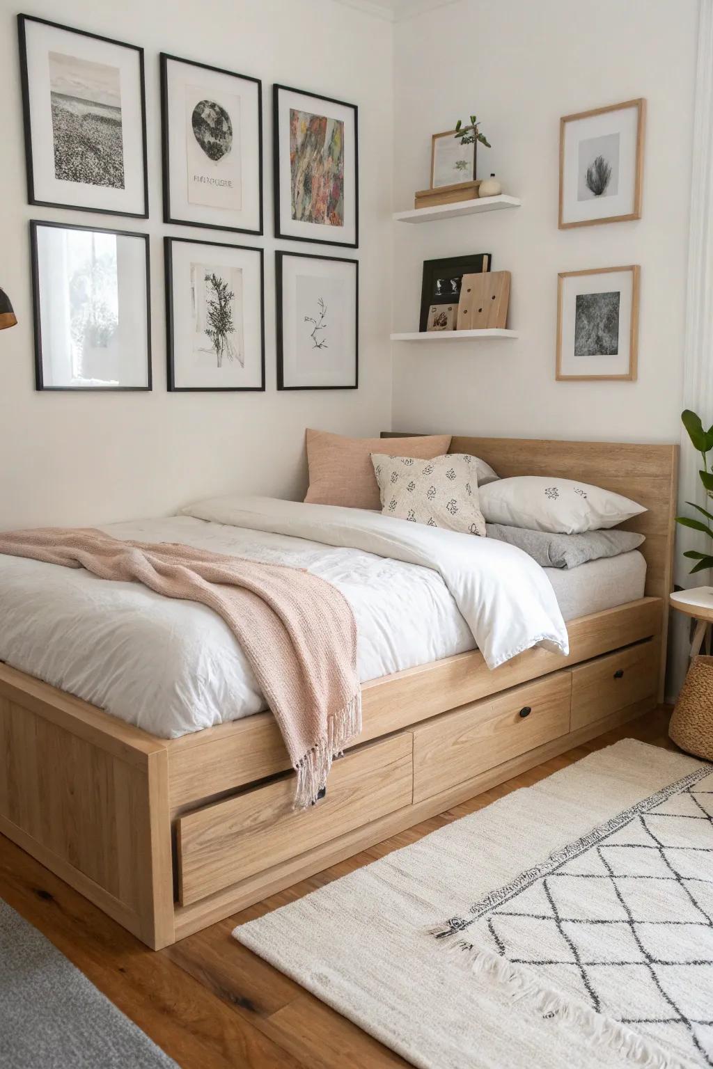 Wrap a gallery wall up and around the corner bed to make the space feel taller and intentional.