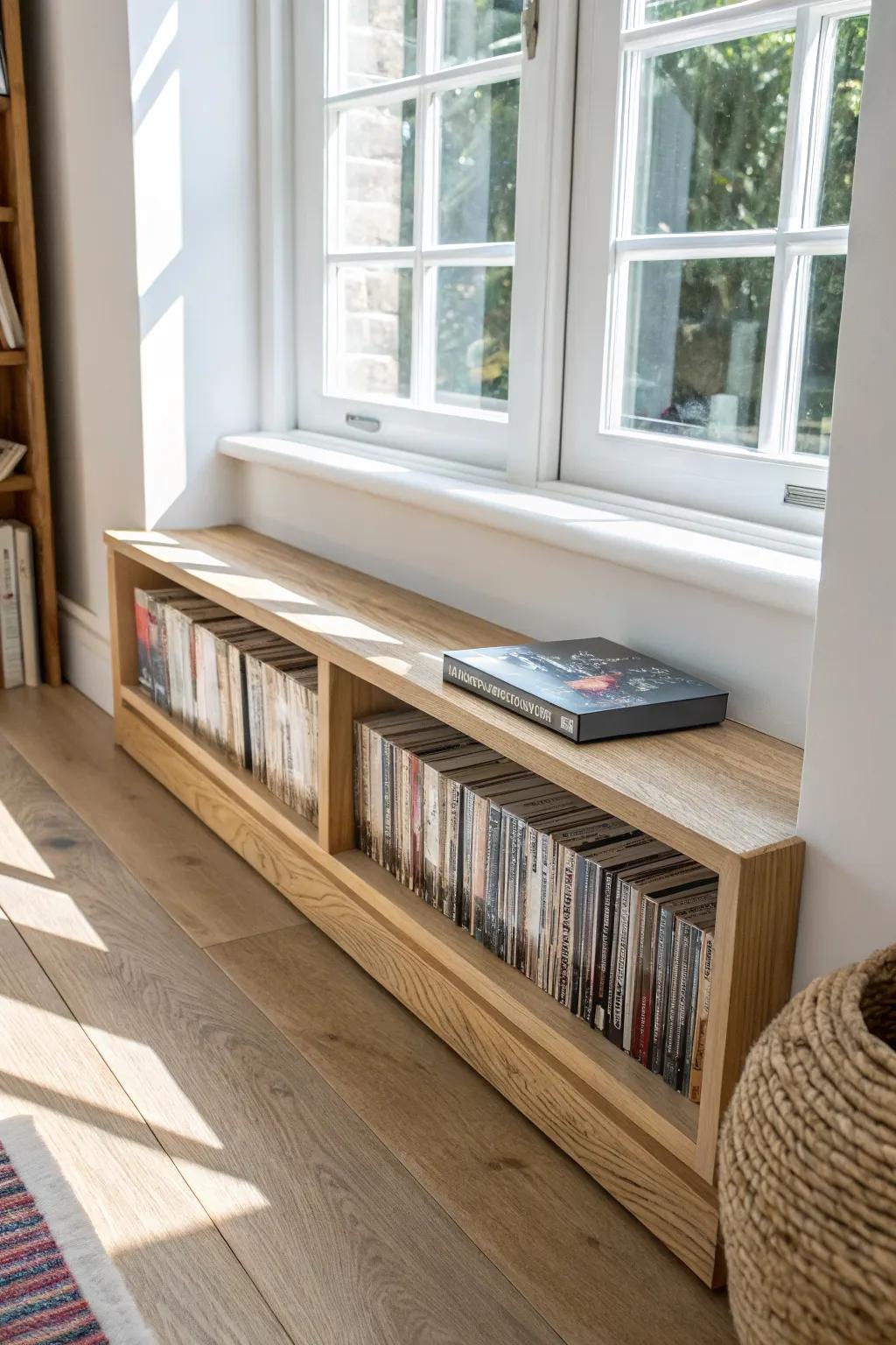 A low oak DVD shelf under the window: built-in vibes, minimal height, and full light.