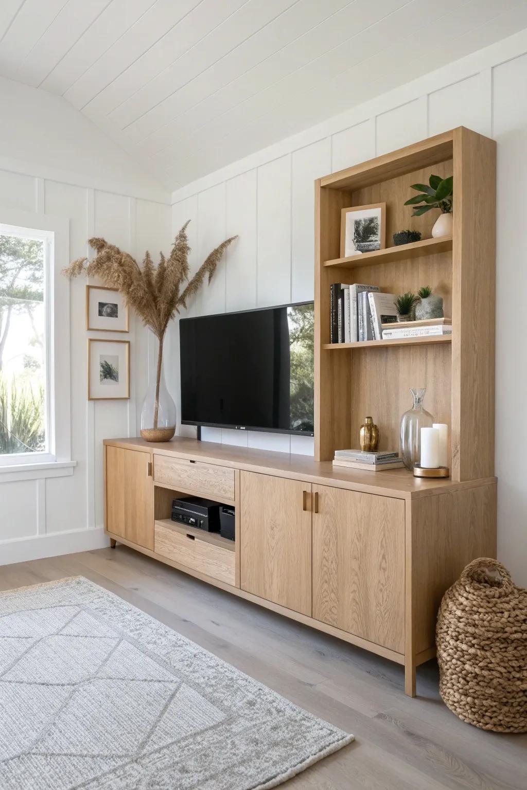 A DIY corner built-in that hugs the TV, adds storage, and makes small rooms feel intentional.
