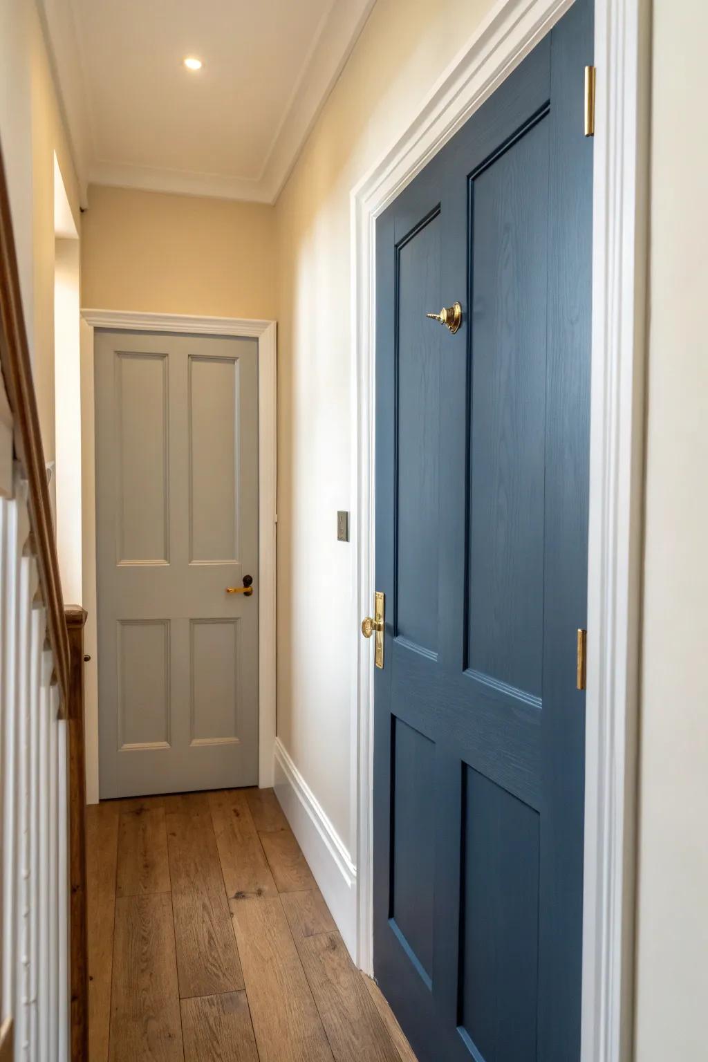Paint a hallway door in a bold contrast shade—budget DIY that makes plain builder doors feel custom.