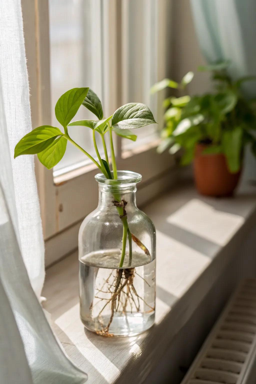 Upcycled jar + a single cutting: effortless greenery decor for small spaces on a budget.