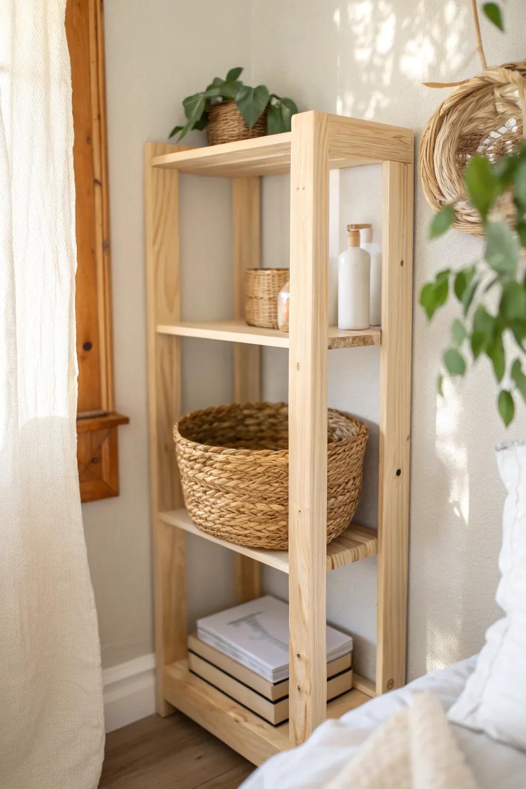 DIY birch corner shelves: turn dead space into chic vertical storage for small bedrooms.