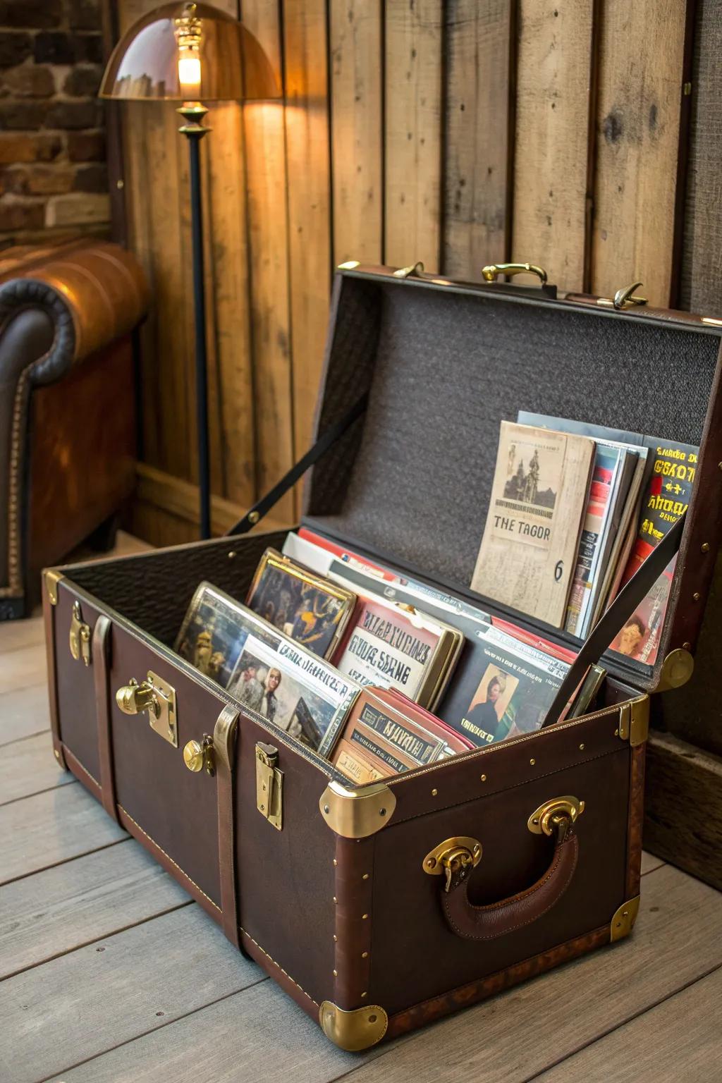 Transform your space with retro charm: a vintage suitcase magazine rack.