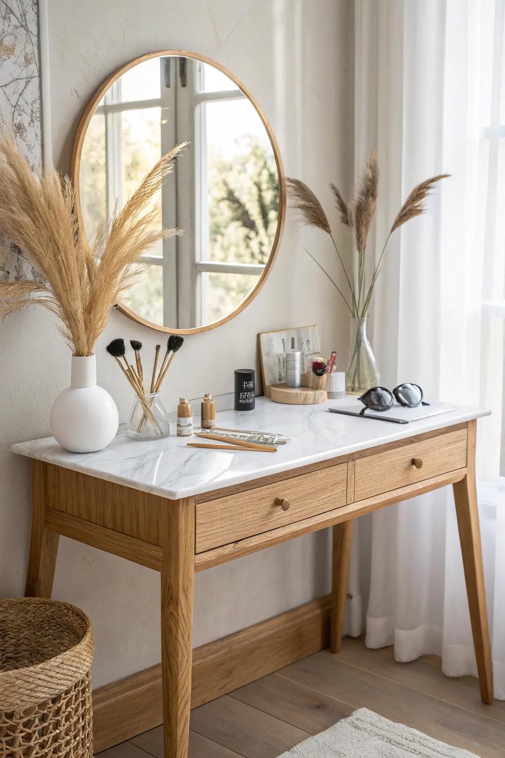 Transform vintage charm into modern elegance with this upcycled sewing table vanity. 🌿✨ #DIYVanity #ScandiBoho