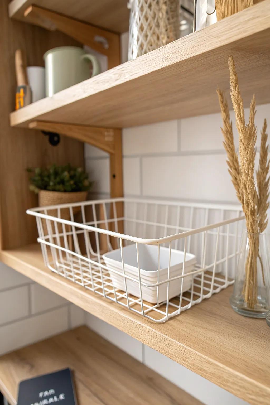 Renter-friendly pantry upgrade: clip-on under-shelf basket for an instant extra storage layer.