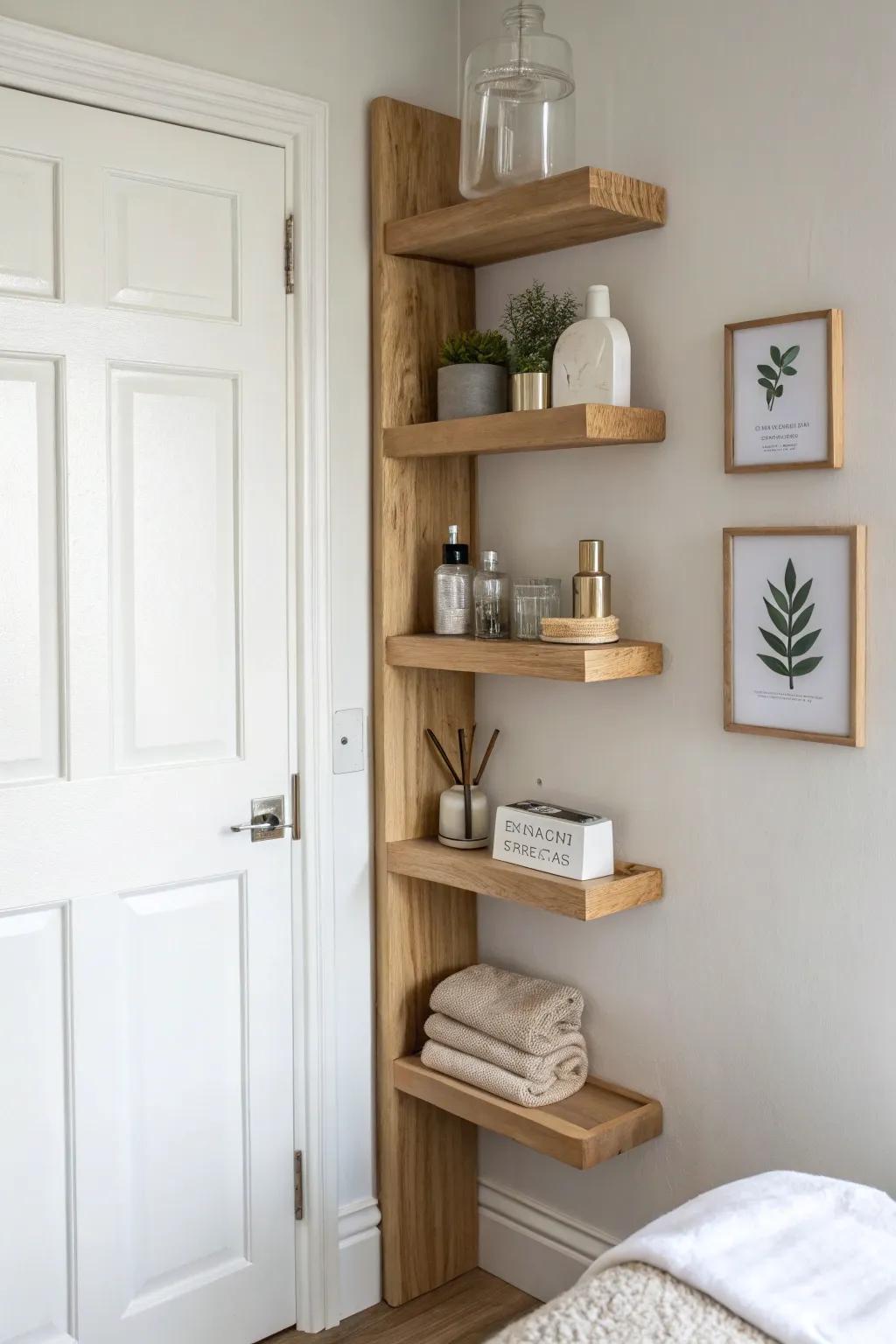 Skinny behind-the-door shelves that keep perfumes and daily essentials tidy in small bedrooms.