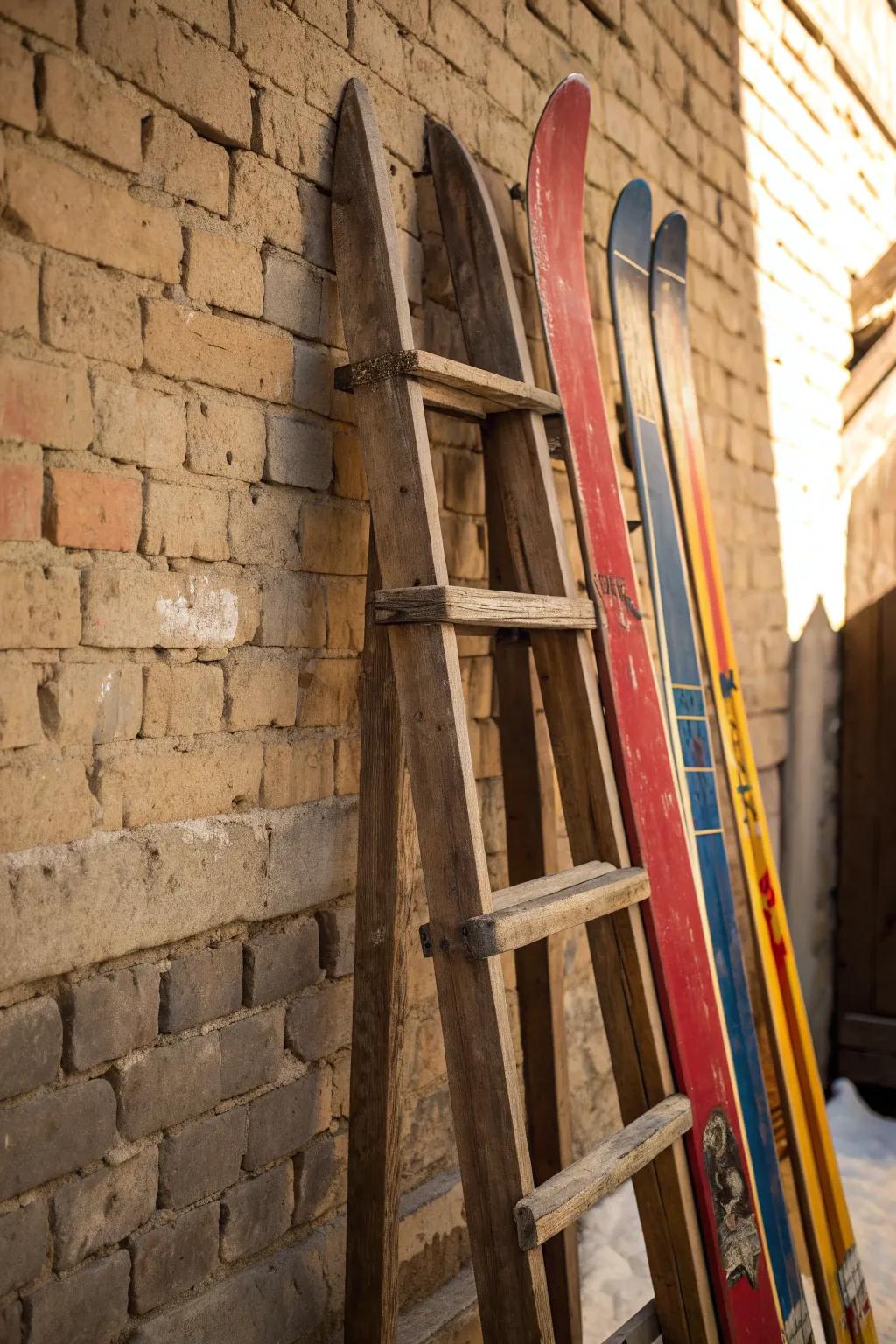 Transform your space with a rustic ladder ski rack – where vintage charm meets modern style.