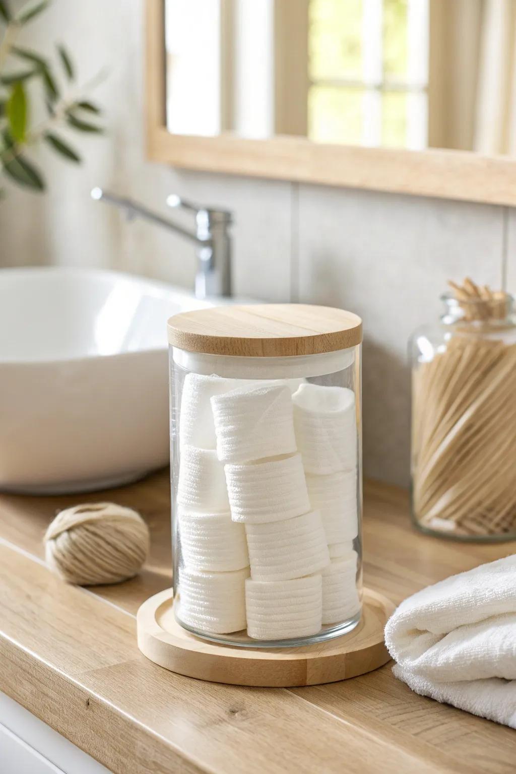 Clear glass jar storage makes cotton pads look chic—and shows exactly when it’s time to restock.