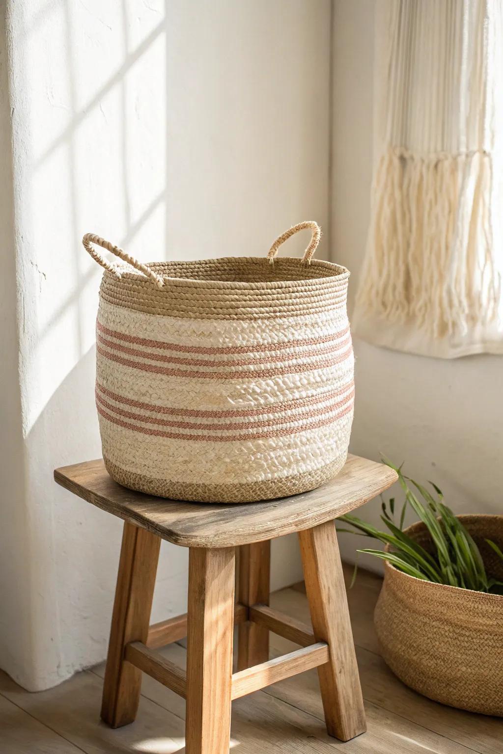 DIY yarn-wrapped stripe basket: a simple upgrade that ties small-space colors together.