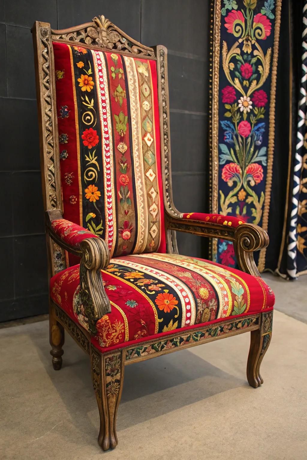 Bold Layers: Elevate your space with a throne chair that dares to mix patterns, creating a masterpiece of craftsmanship.