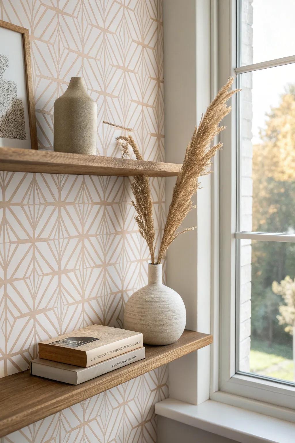 Removable wallpaper on the back of shelves turns tiny-space storage into a curated vignette.