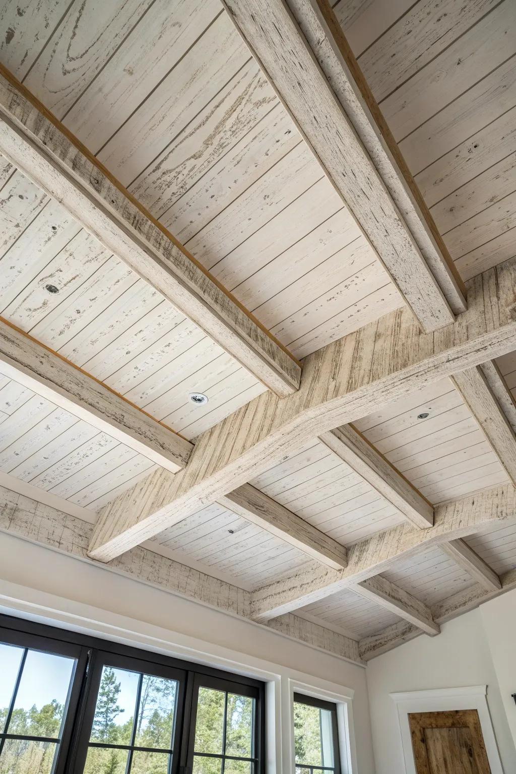 Elevate your space with the airy elegance of whitewashed wood ceilings.