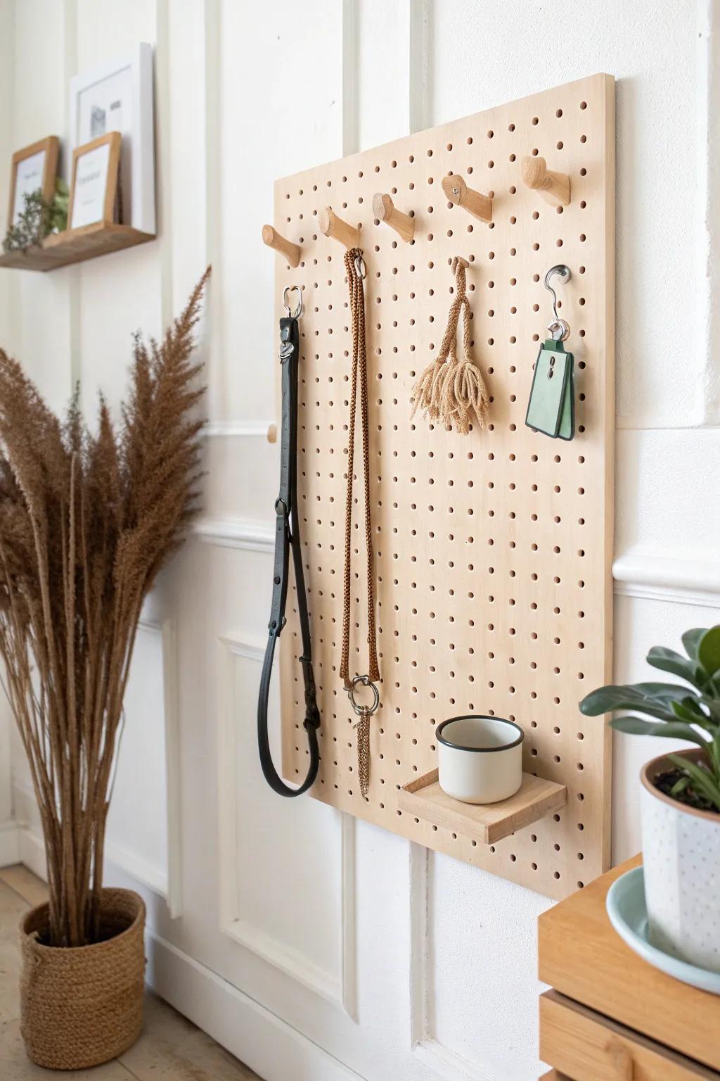 A chic pegboard walking station keeps leashes, clips, and tags tidy in the tiniest entryway.