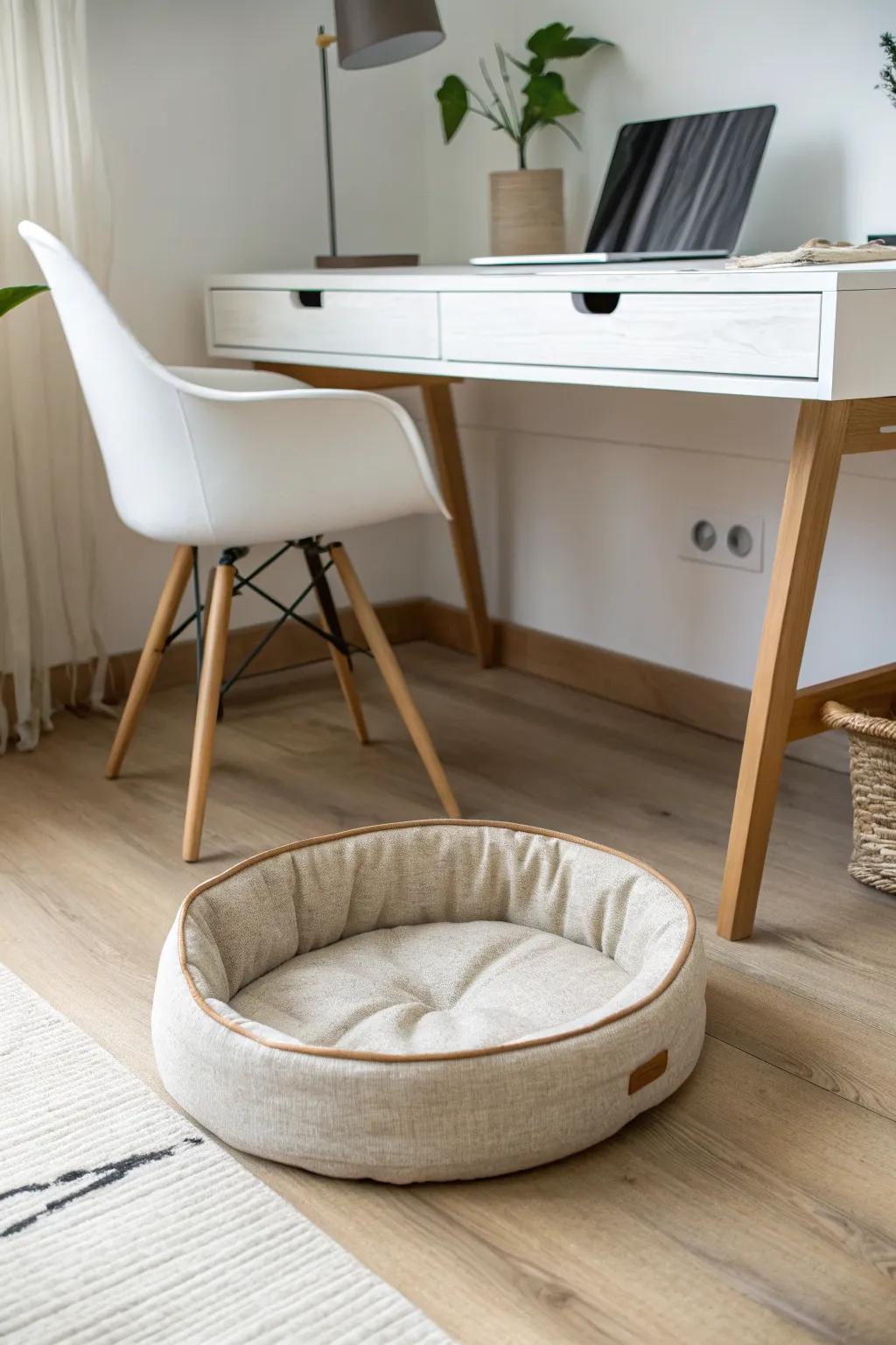 A slim under-desk dog bed keeps your pup close while your home office stays calm and camera-ready.
