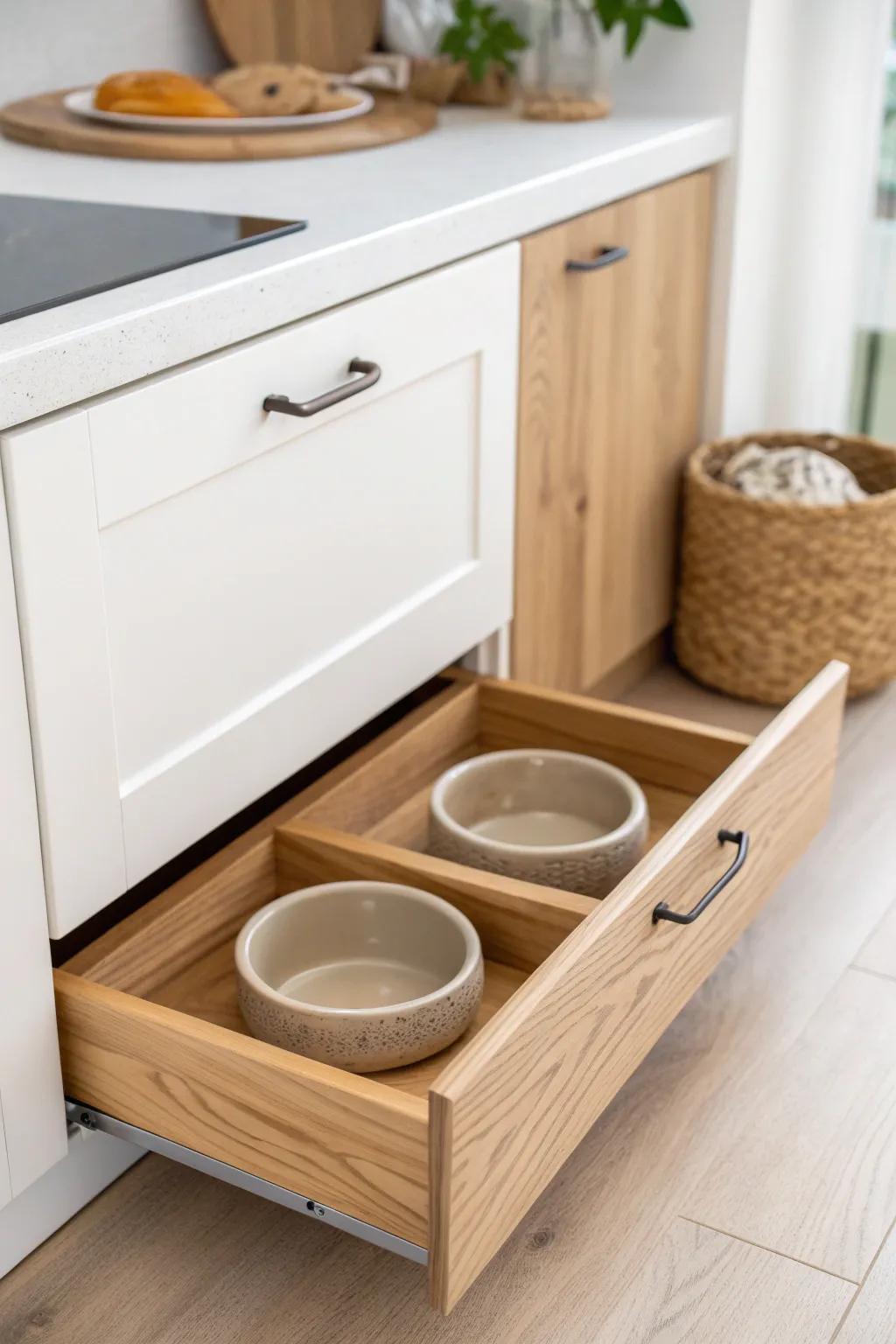 A sleek pull-out feeding station keeps bowls hidden, floors tidy, and small kitchens feeling open.