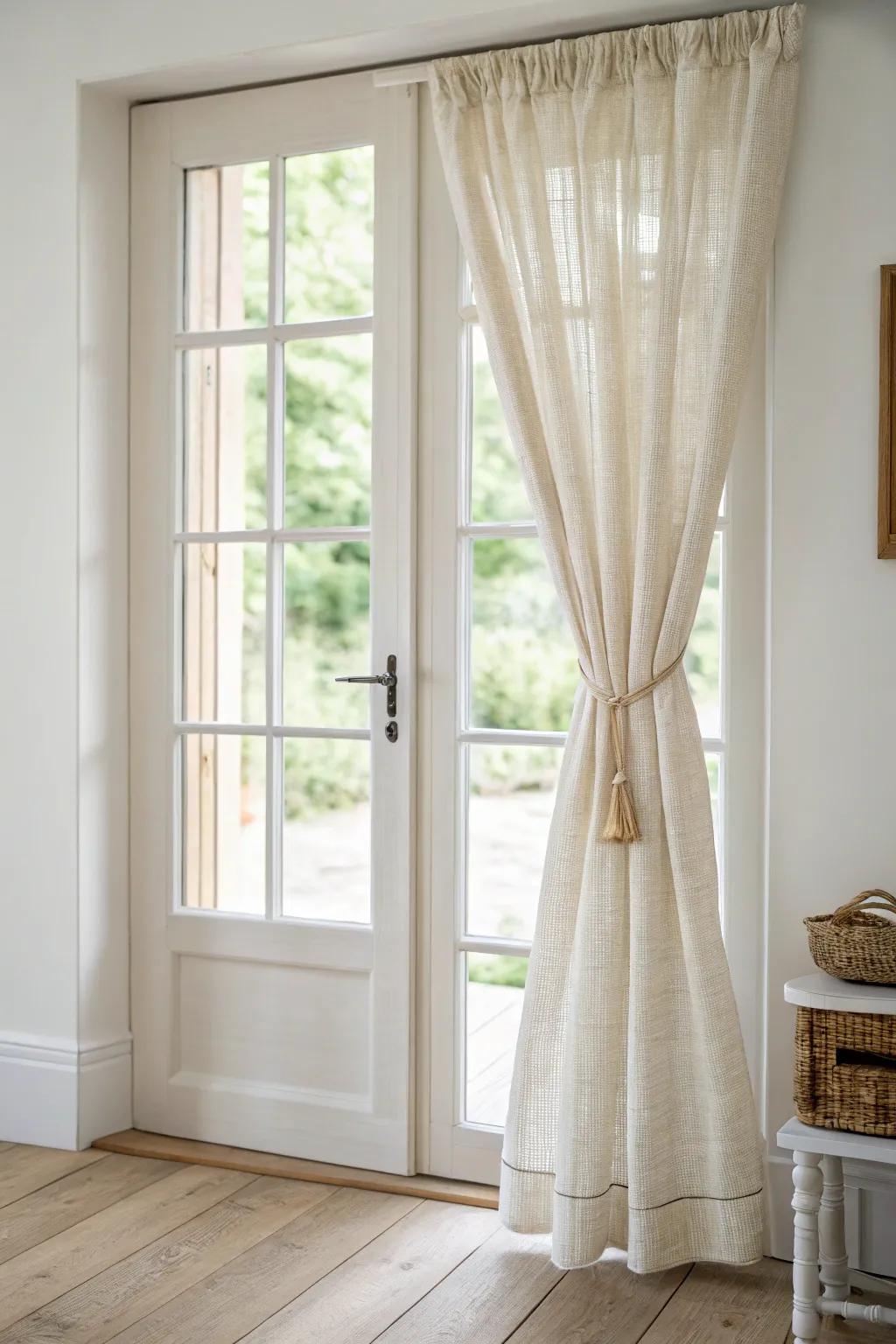 Hourglass curtains on French doors: linen, wood rods, and a chic cinched center.