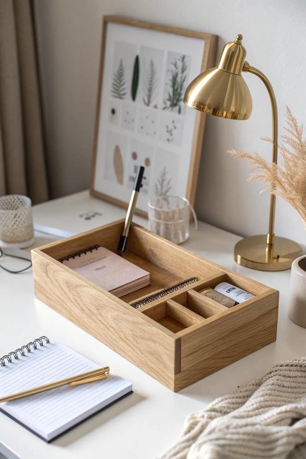 Turn your dorm desk into a mini café study nook with a chic organizer and warm lamp glow.