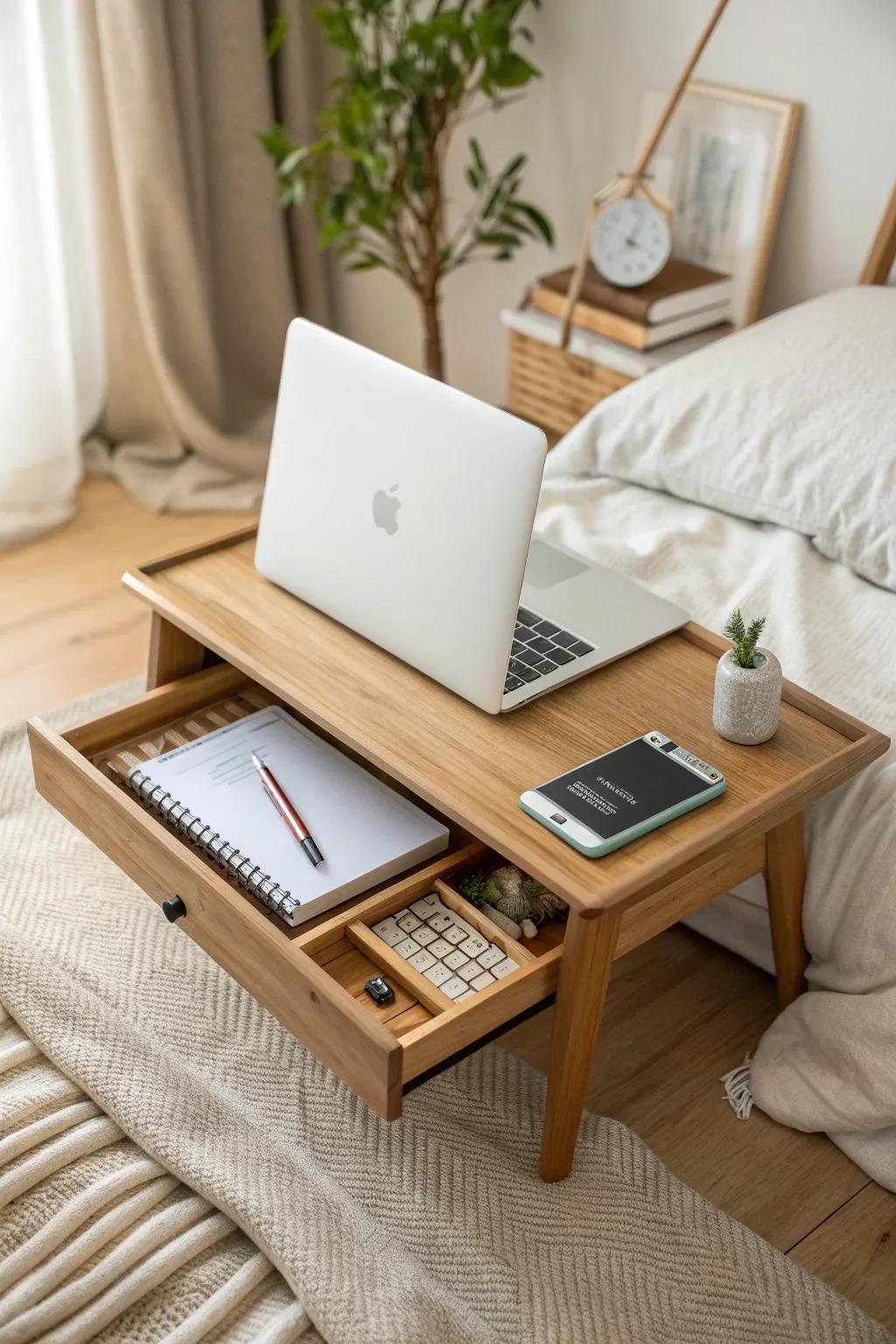 A laptop riser with hidden storage frees desk space and lifts your screen for better posture.