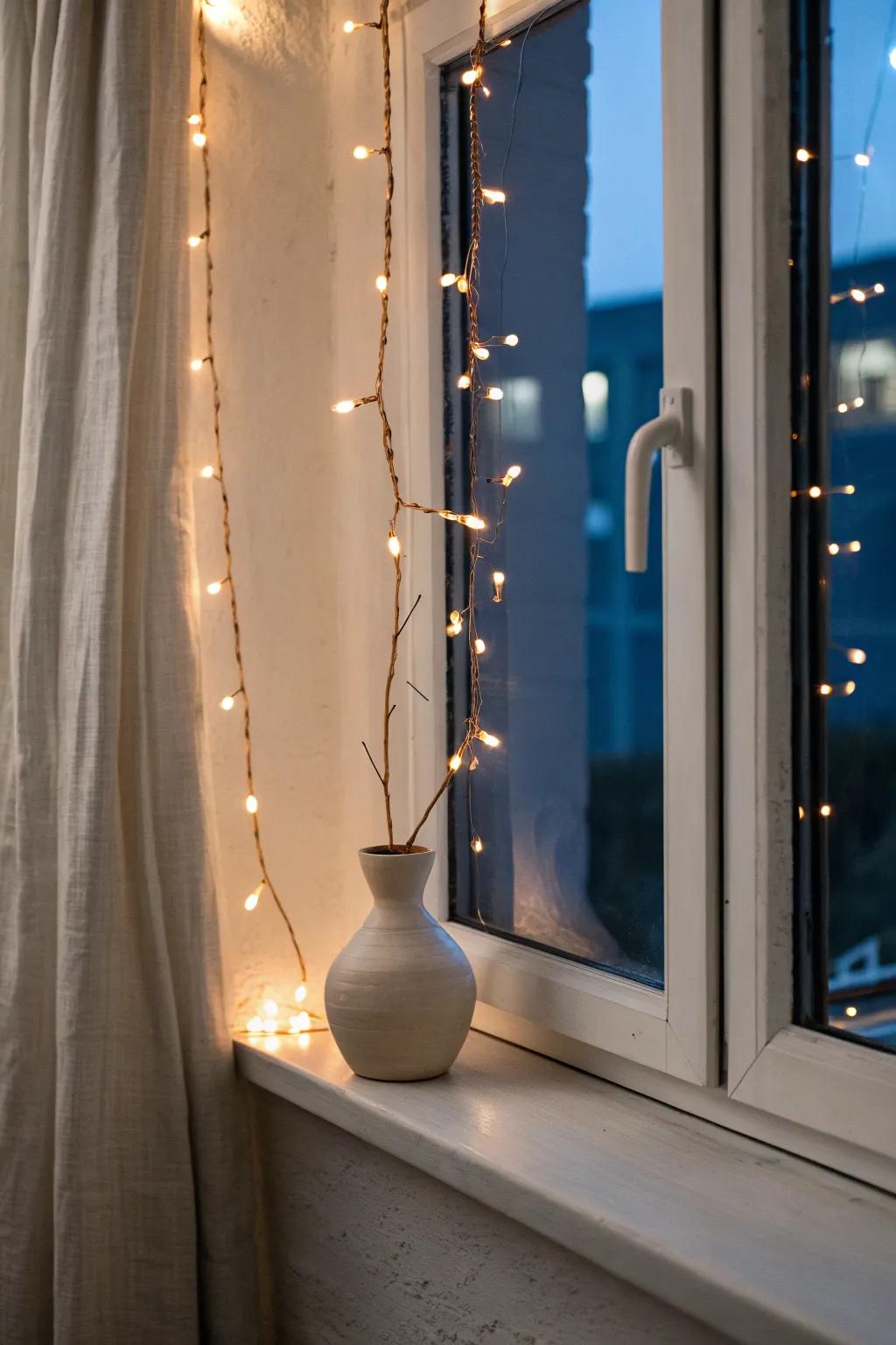 Warm string lights outlining the window—an instant cozy, space-saving glow for any dorm.