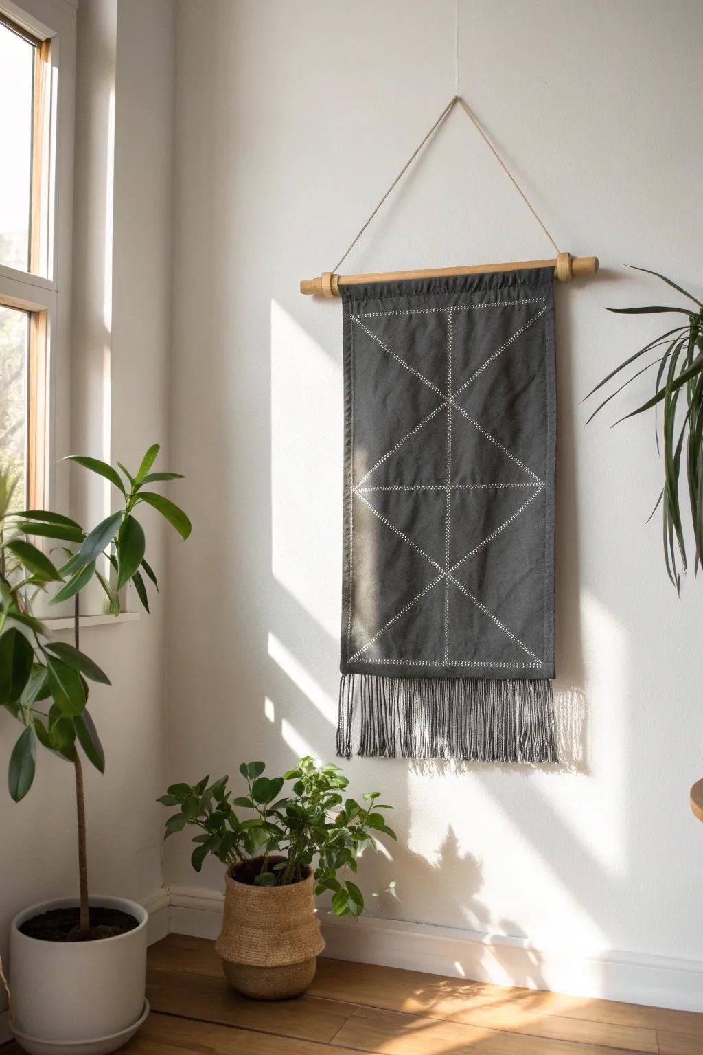 One intentional banner turns a plain dorm wall into a calm, curated statement above the bed.