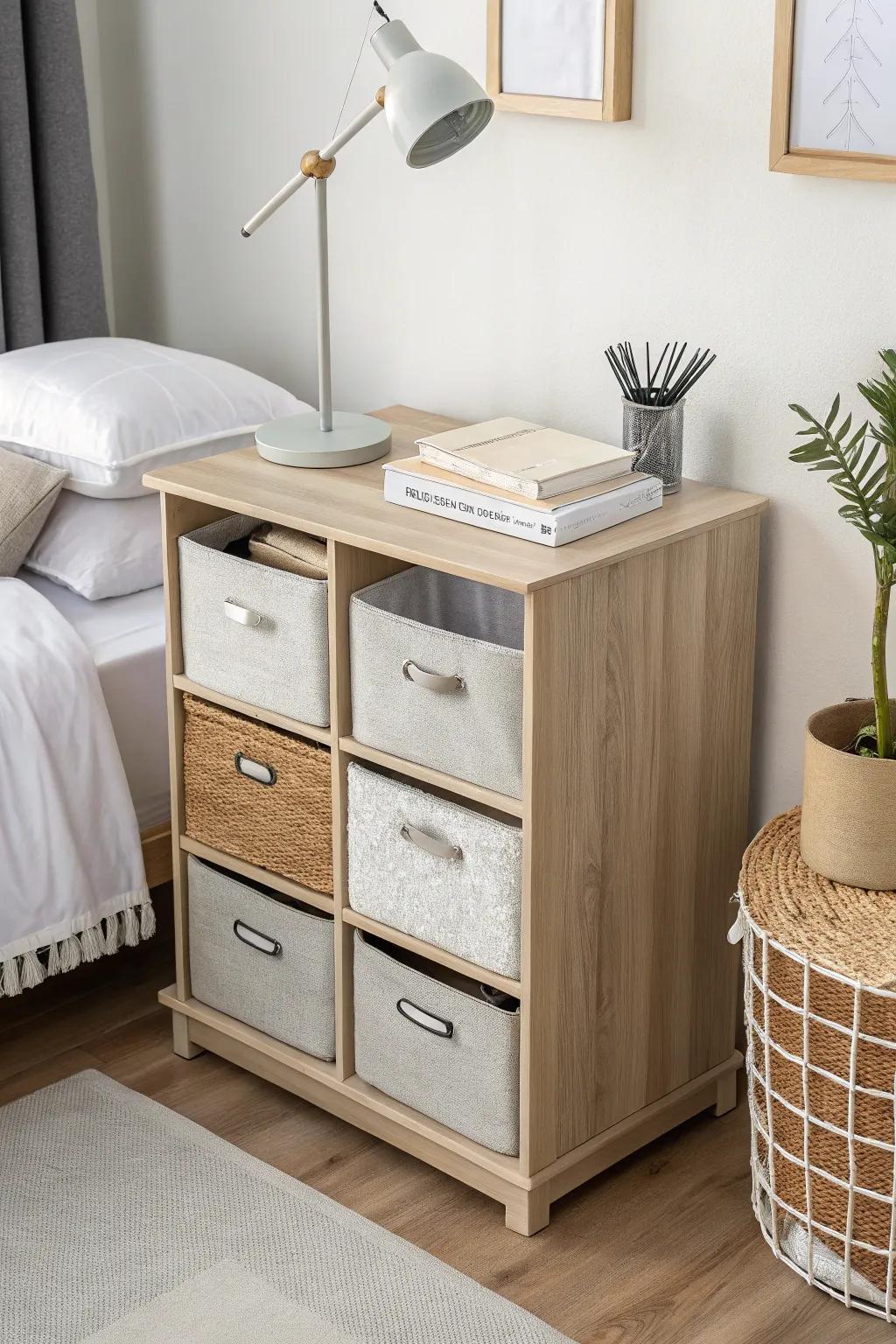 A cube organizer doubles as nightstand + dresser—clean cubbies, hidden bins, calm dorm vibes.