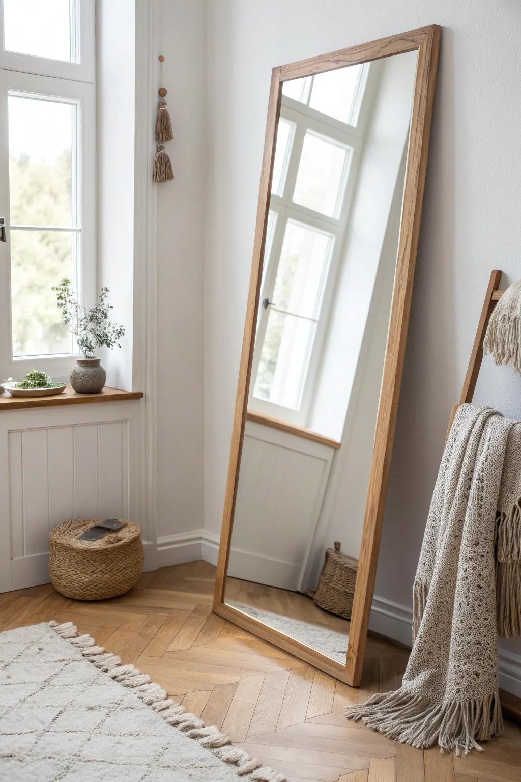 Angle a full-length mirror across the window to brighten corners and make a dorm feel bigger.