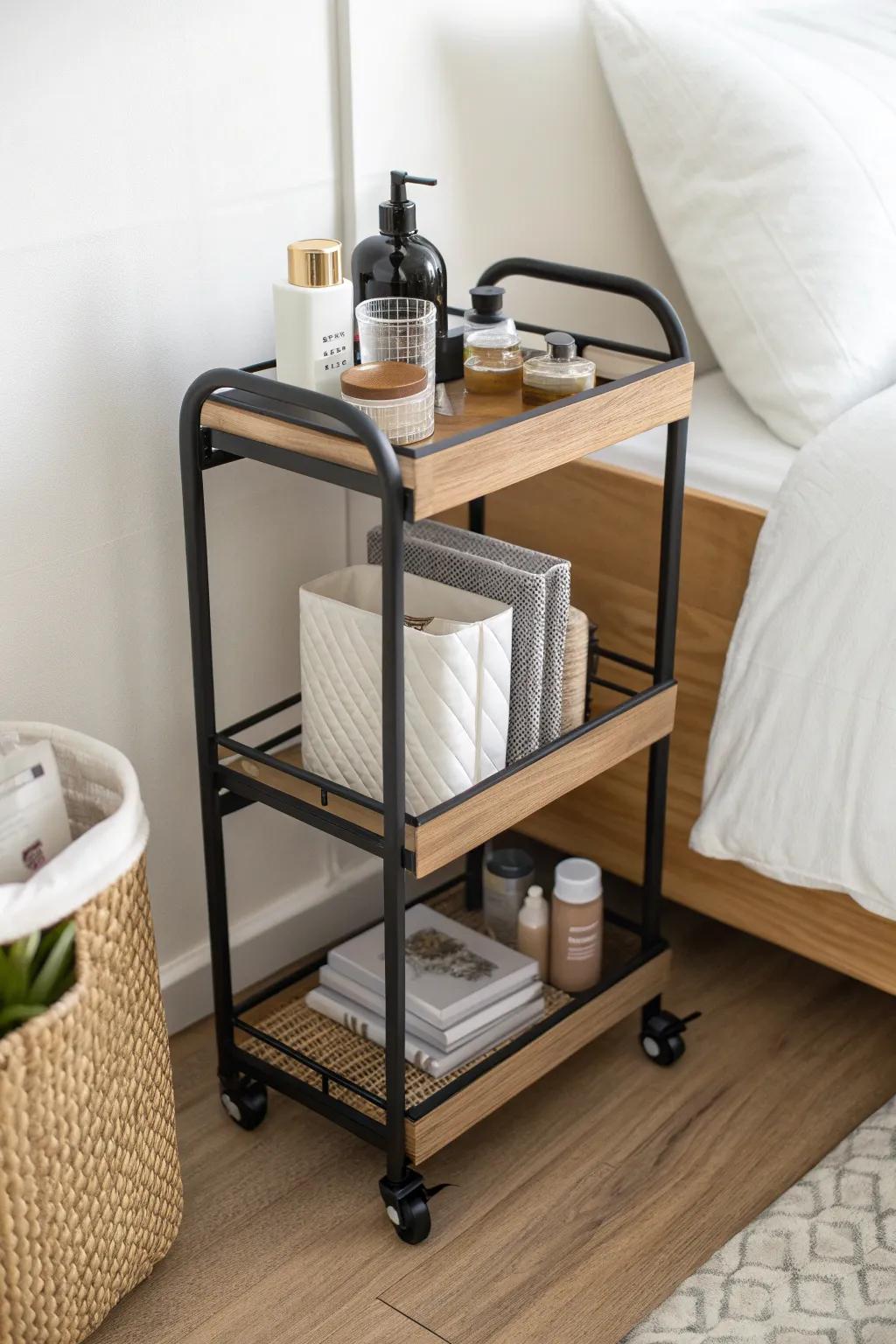 A rolling cart zone that flexes from skincare to study supplies—perfect for tight dorm spaces.