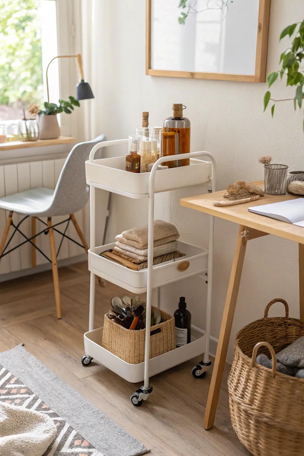 A slim rolling cart keeps snacks, toiletries, and hair tools tidy—and rolls anywhere you need.